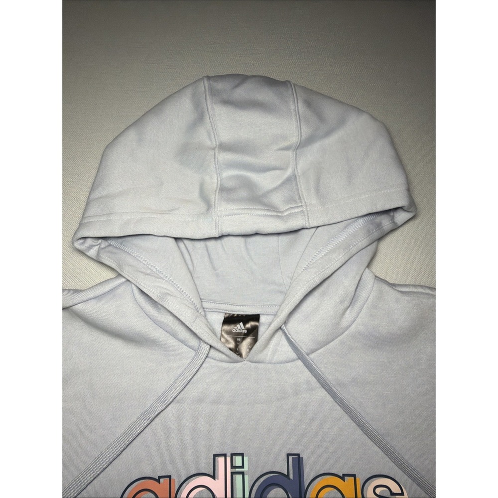 Adidas Sweatshirt Hoodie Womens Size M Blue with Multi-Color Logo Light Blue - Picture 8 of 16